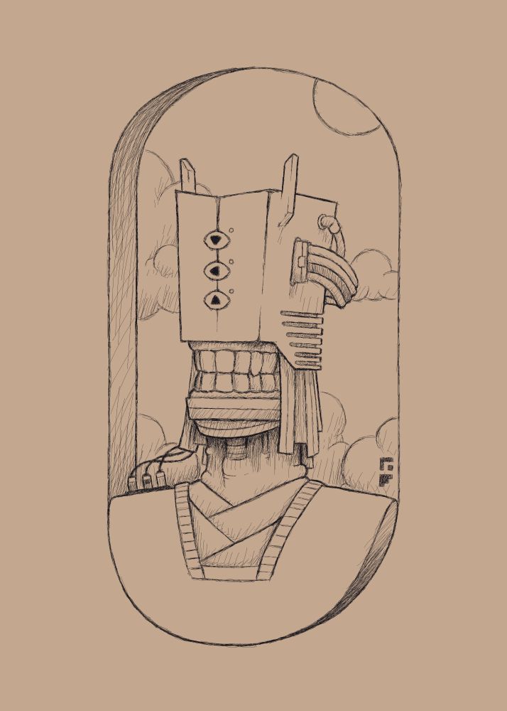 a sketch of a bust of a weird guy with a sort of a modem for a head with three eyes and exposed teeth wearing a comfortable-looking robe