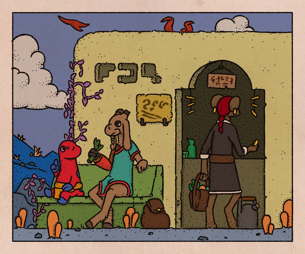 a goat sits next to a lizard on a bench outside an adobe(?) structure- inside, a rat hands something to an unseen storekeeper