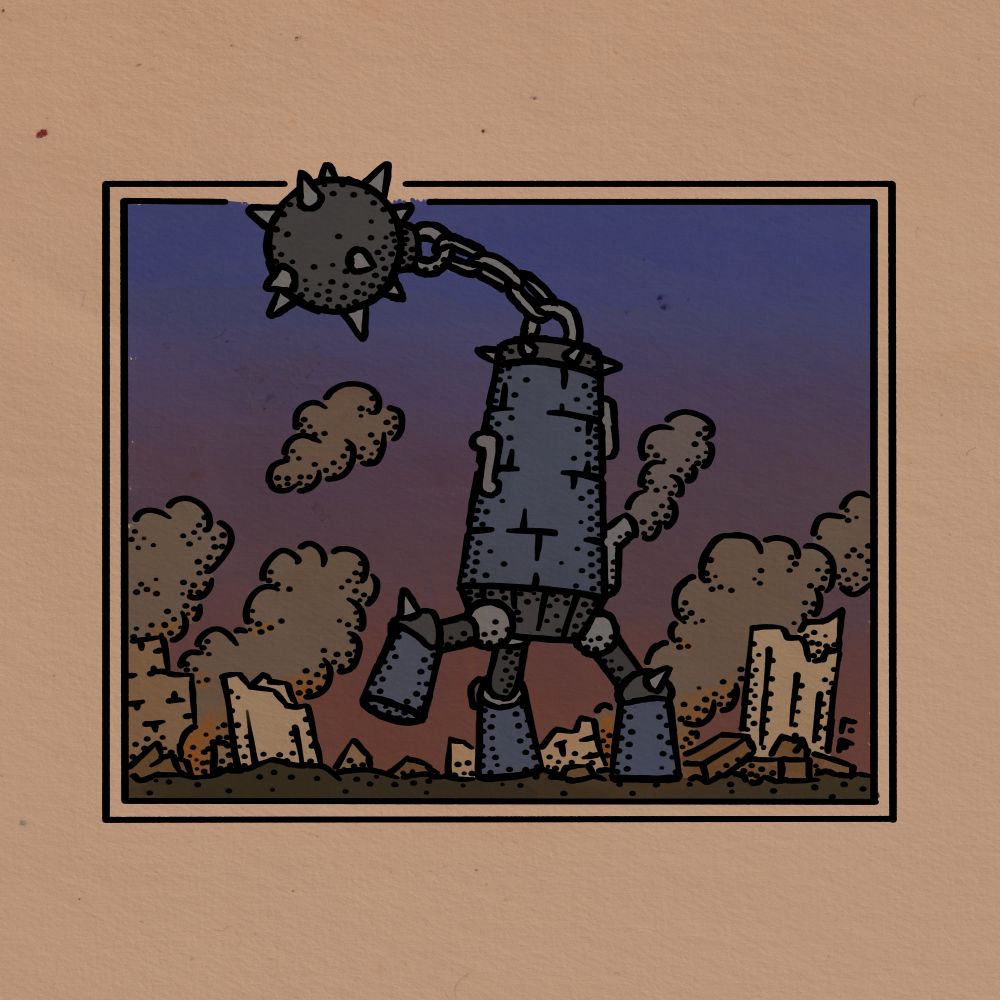 a mechanical castle on three legs shaped like a medieval flail tromping through ruins