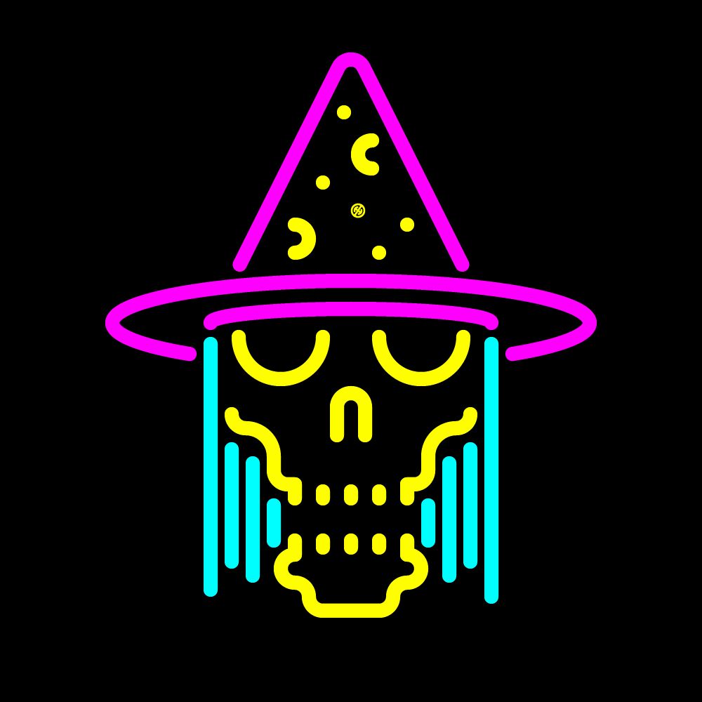 a neon image of a skeletal wizard's head with long hair and a pointy hat