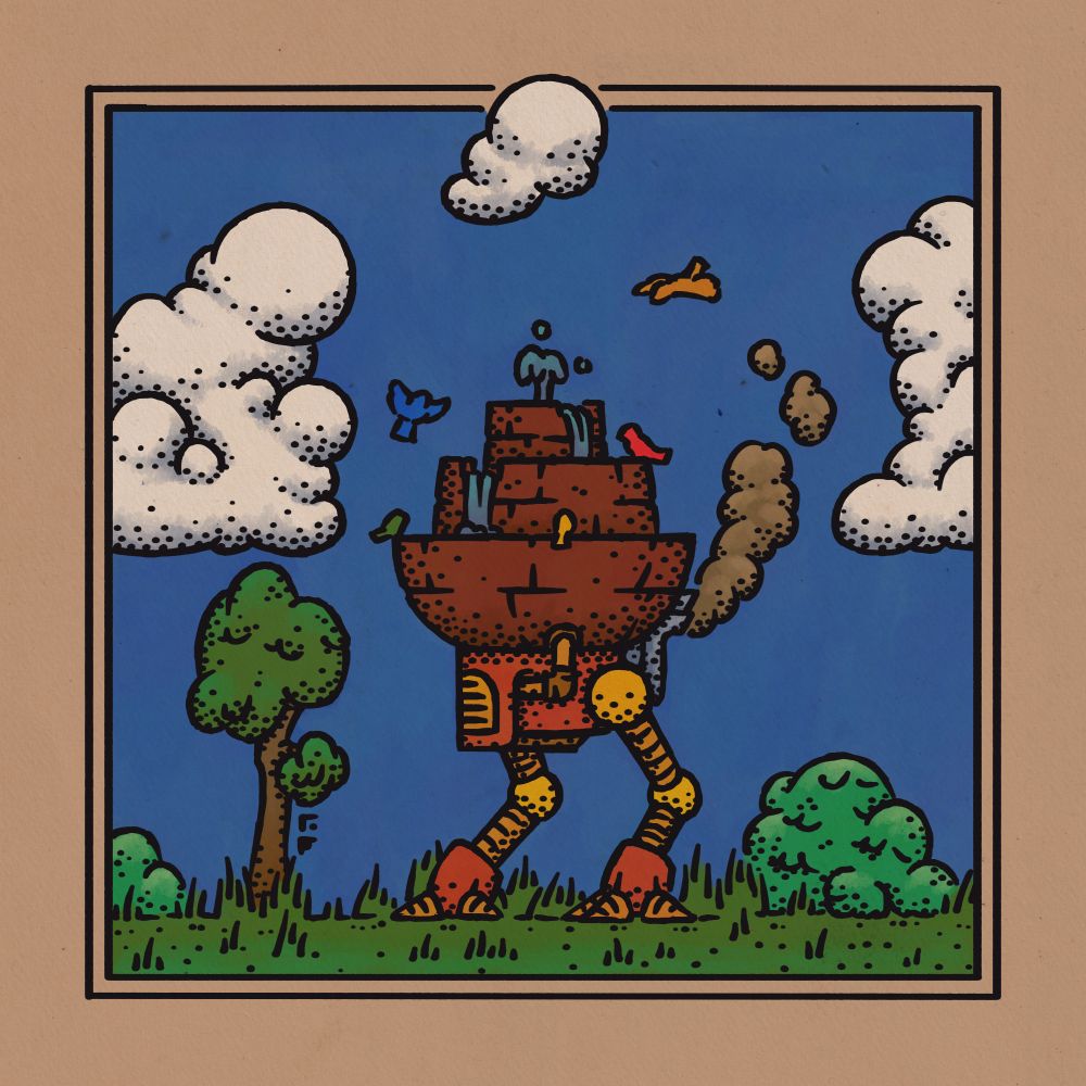 a two-legged mechanical birdbath with three tiers stands in a field