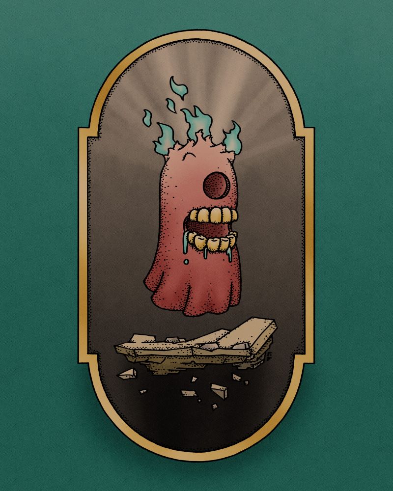 a ghost with one big and a big ol chompers and flames bursting from its head floats above a crumbling rock