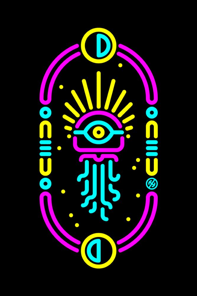 an ornate neon frame contains a jellyfish with a halo and one big ol peeper
