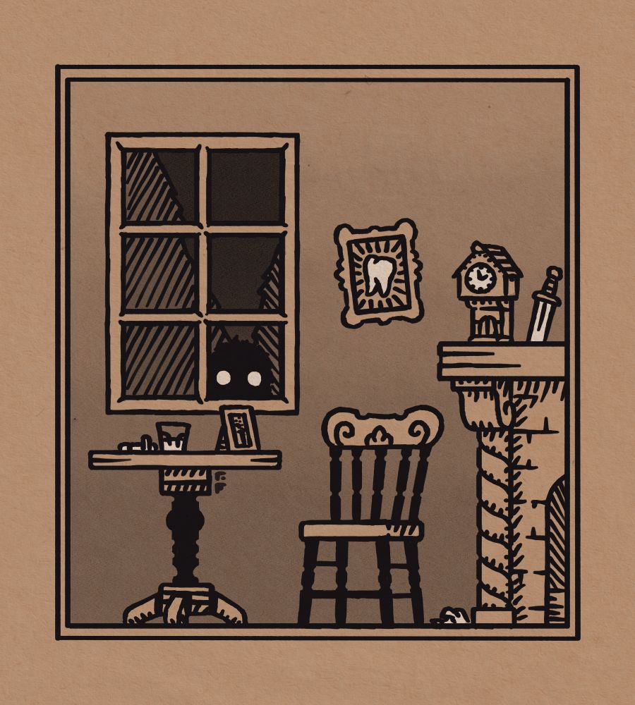 a chair sits beside a table and a fireplace beneath a window- outside, a furry figure lurks, peering through the windowpane