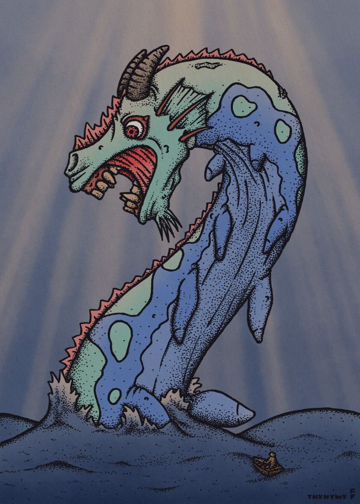 a drawing of a blue horse-faced sea serpent rearing up out of the waves near a tiny lil row(?)boat