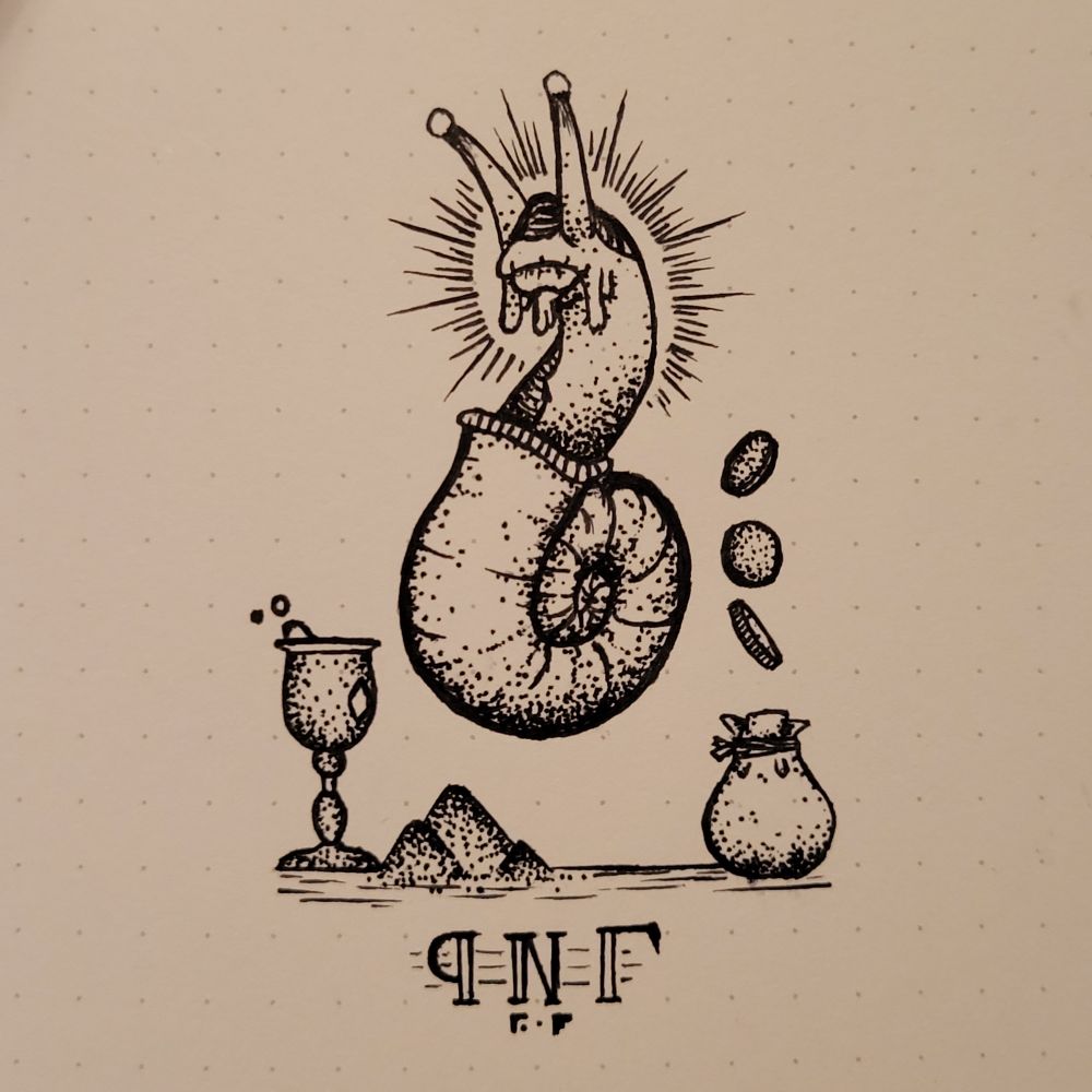 a sketch of a snaily beast emerging from a shell floating above a bag of coins, a pile of powder, and a goblet