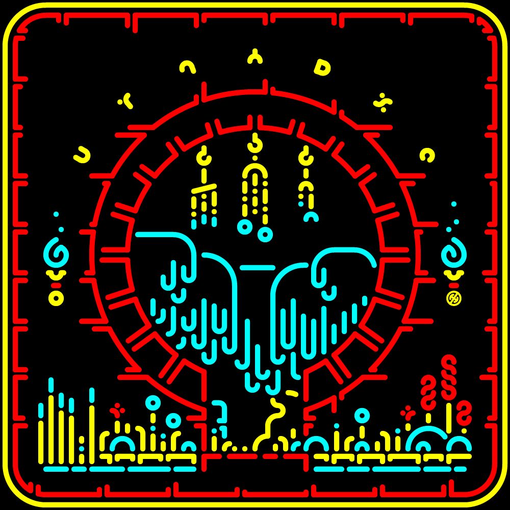 a neon scene of a circular gateway opening onto a grove of drooping trees