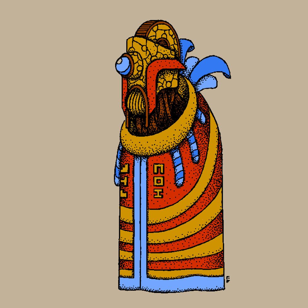 a robot sort of a guy with one big eye and a grille for a mouth and a big wheel in their head, wearing a striped robe with no arms