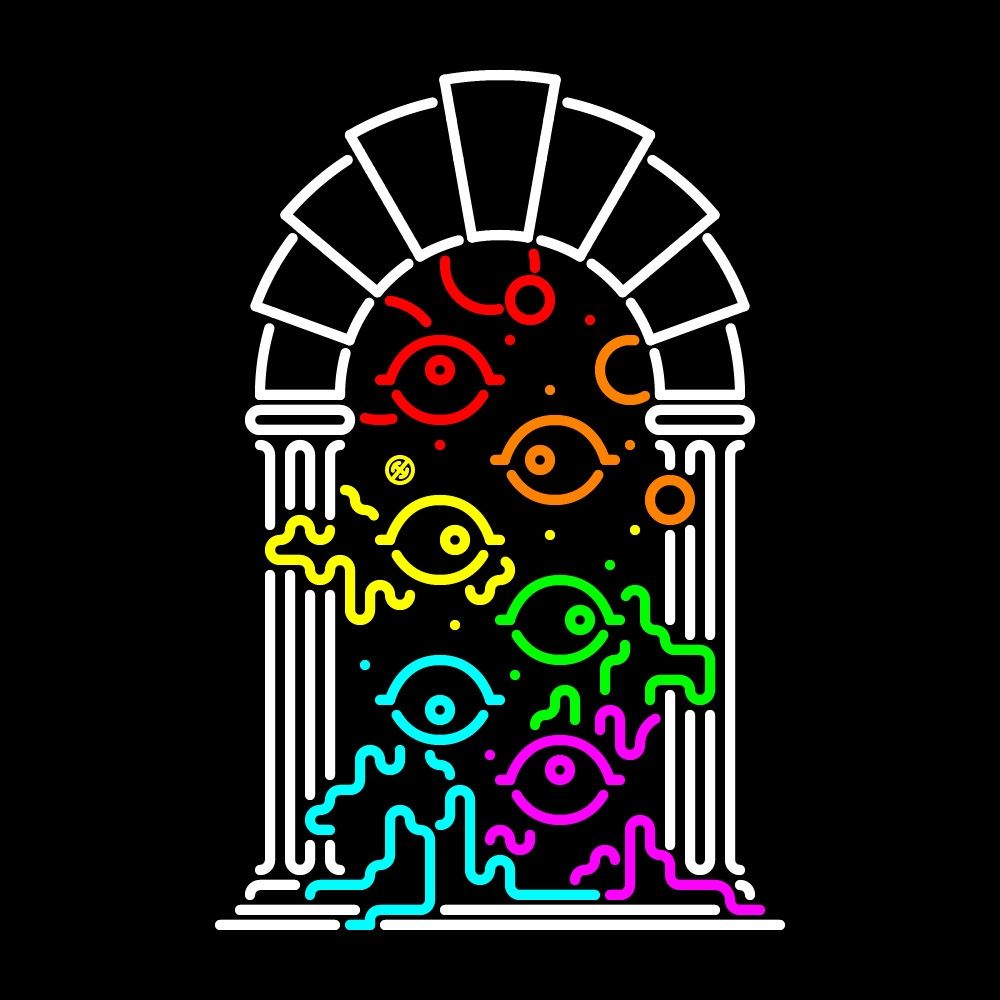 a neon gateway opening to six eyes floating among stars and nebulae 