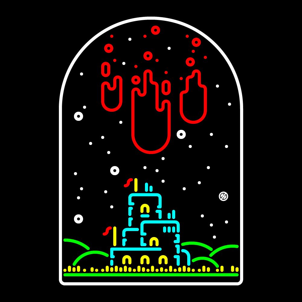 a castle stands beneath some gloopy meteors hurtling to earth