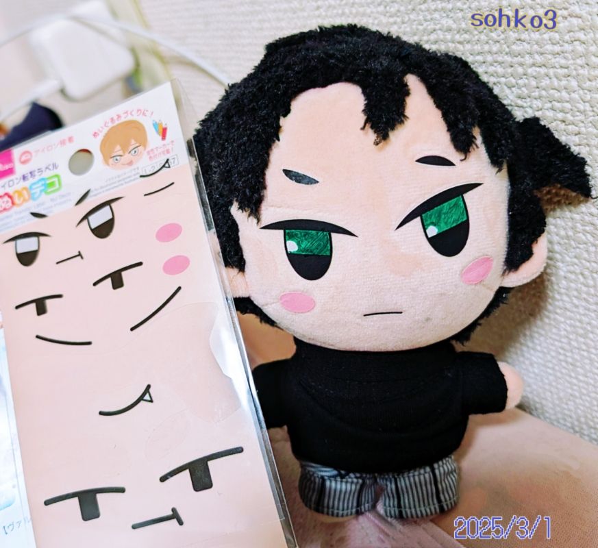 ダイソーで買った「ぬいデコ」という顔パーツのシールを使って作ったぬいぐるみの画像です。体も市販品のぬいぐるみ素体です