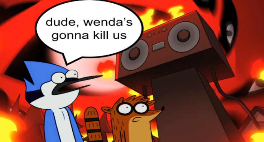 Mordecai and Rigby (from "Regular Show") stare at an apocalypse spread across Sprunki Town. Mordecai can only quiver "Dude, Wenda's gonna kill us...", implying she's after them.


(Yes I still think Gametoons sucks)