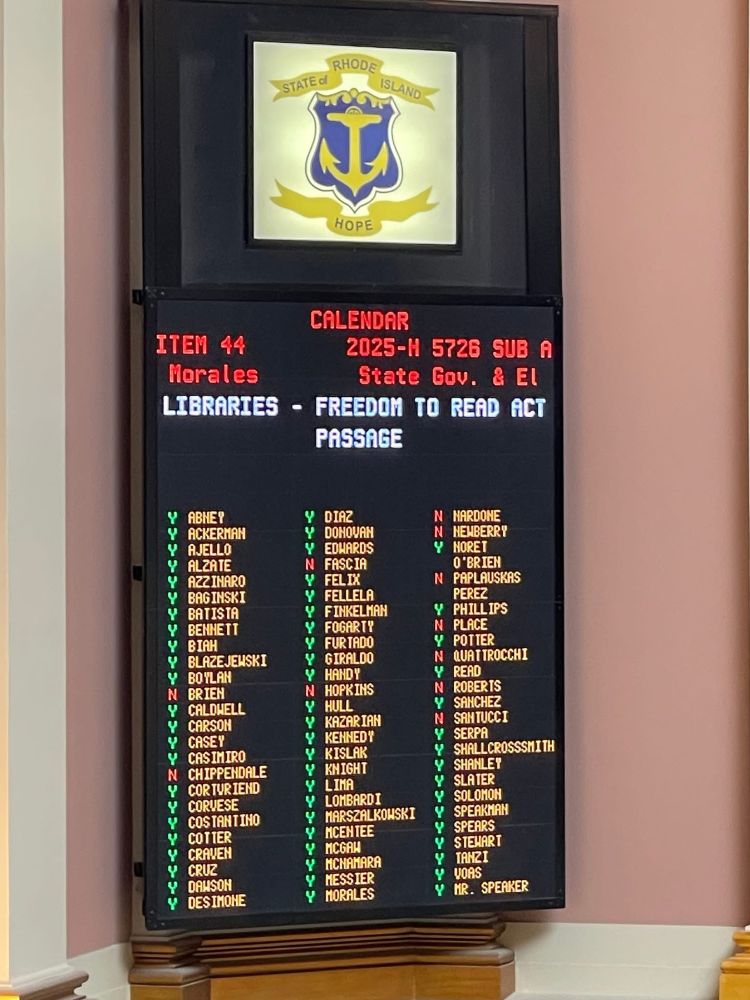 Rhode Island House of Representatives vote tally for the Freedom To Read Act  

Sponsor: Morales
Committee: State Gov. & Elections 
Bill: 2025-H 5726 SUB A 
LIBRARIES - FREEDOM TO READ ACT
PASSAGE