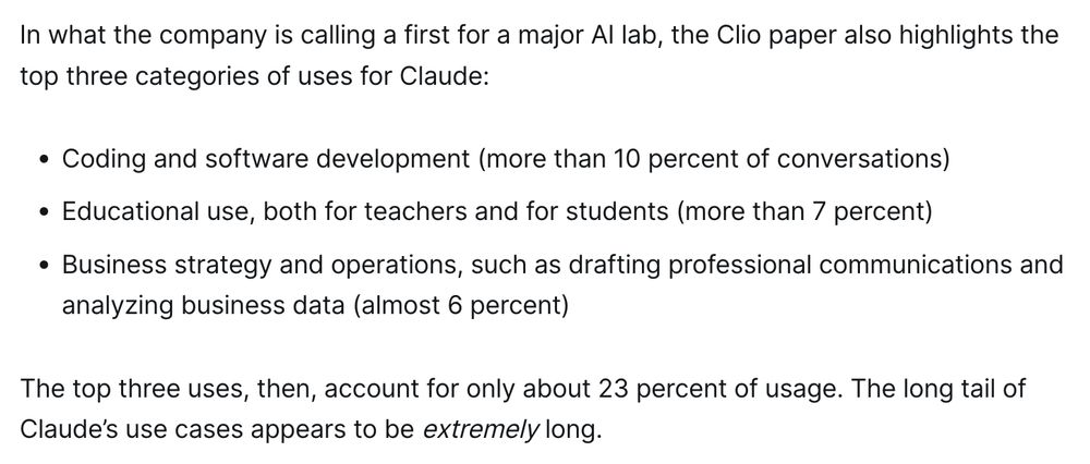 In what the company is calling a first for a major AI lab, the Clio paper also highlights the top three categories of uses for Claude:

Coding and software development (more than 10 percent of conversations) 
Educational use, both for teachers and for students (more than 7 percent)
Business strategy and operations, such as drafting professional communications and analyzing business data (almost 6 percent)