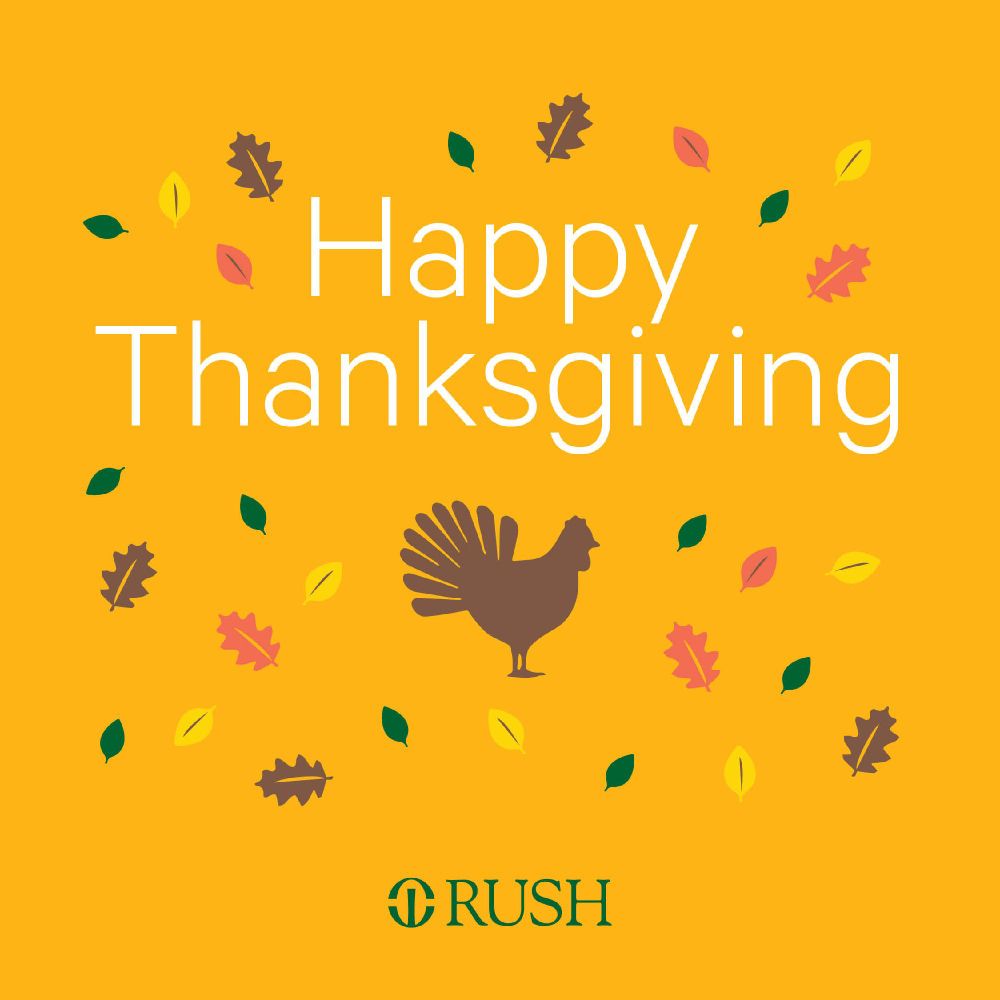 "Happy Thanksgiving" greeting with a stylized turkey and colorful autumn leaves on a yellow background, featuring the Rush logo at the bottom.