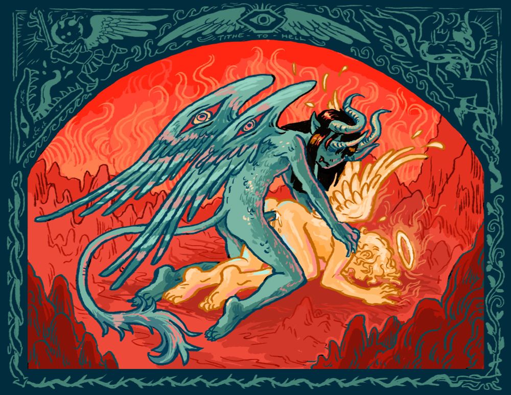 Devil with feathered wings with eyes in them and two sets of horns sprouting out of where normal eye sockets should be, holding down fucking an angel, loose feathers scattered in a subterranean rocky location, surrounding the image are patterned borders of other creafures and organic forms