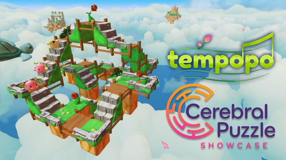 A level from Tempopo that looks like an MC Escher staircase, with logos for Tempopo and the Cerebral Puzzle Showcase