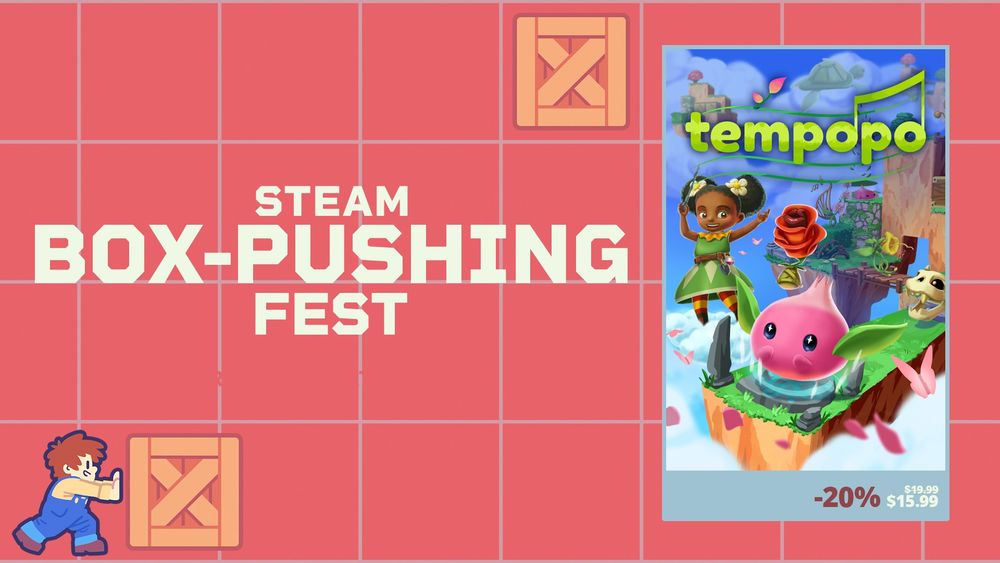 Steam Box-Pushing Fest graphic, with the Tempopo key art. The game is 20% off, priced at $15.99