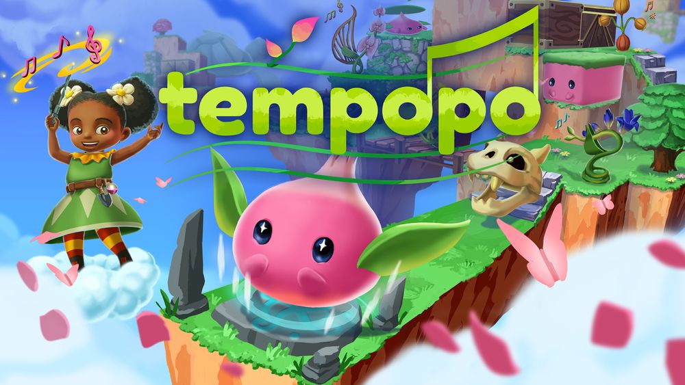 Key Art for Tempopo
Pink blob creature called Tempopo exiting a portal as a Chomper Guy chases them. Hana is on a cloud conducting at the side.