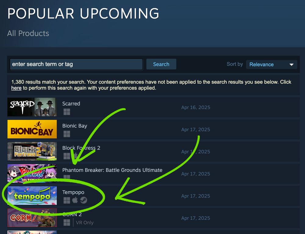 Steam's list of popular upcoming games, with Tempopo as fifth on the list. It's circled and arrows are pointing to it