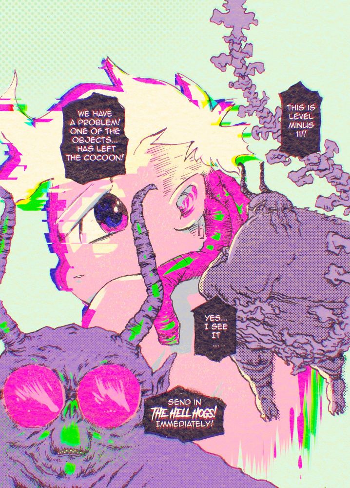 one panel page from one of my comics depicting two of my OC's and a bit of text. Sort of an opening page from an unfinished short story called IKARI