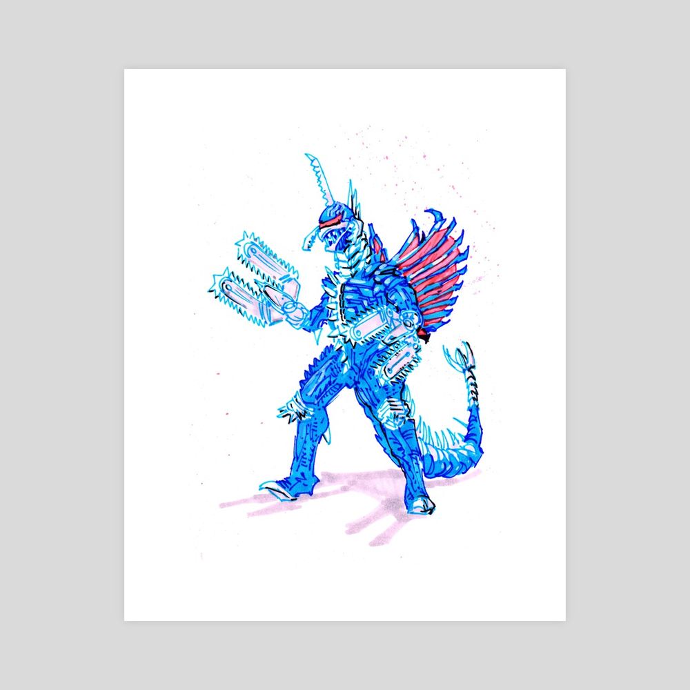 GIGAN illustration from Final Wars , originally made with color markers and neon acrylic ink on white bristol paper, now available as a print on my INPRNT profile