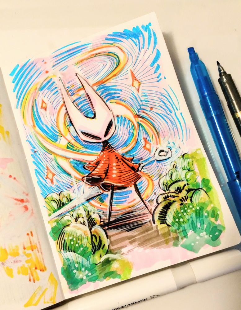 Hornet handmade illustration from Hollow Knight: Silksong game. Made with brushpens and color markers in a tiny sketchbook
