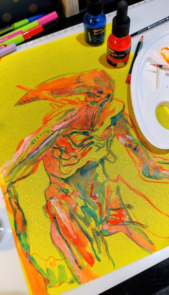 Alien Covenant Xeno illustration in progress. Made with inks on yellow paper with printed out screentones
