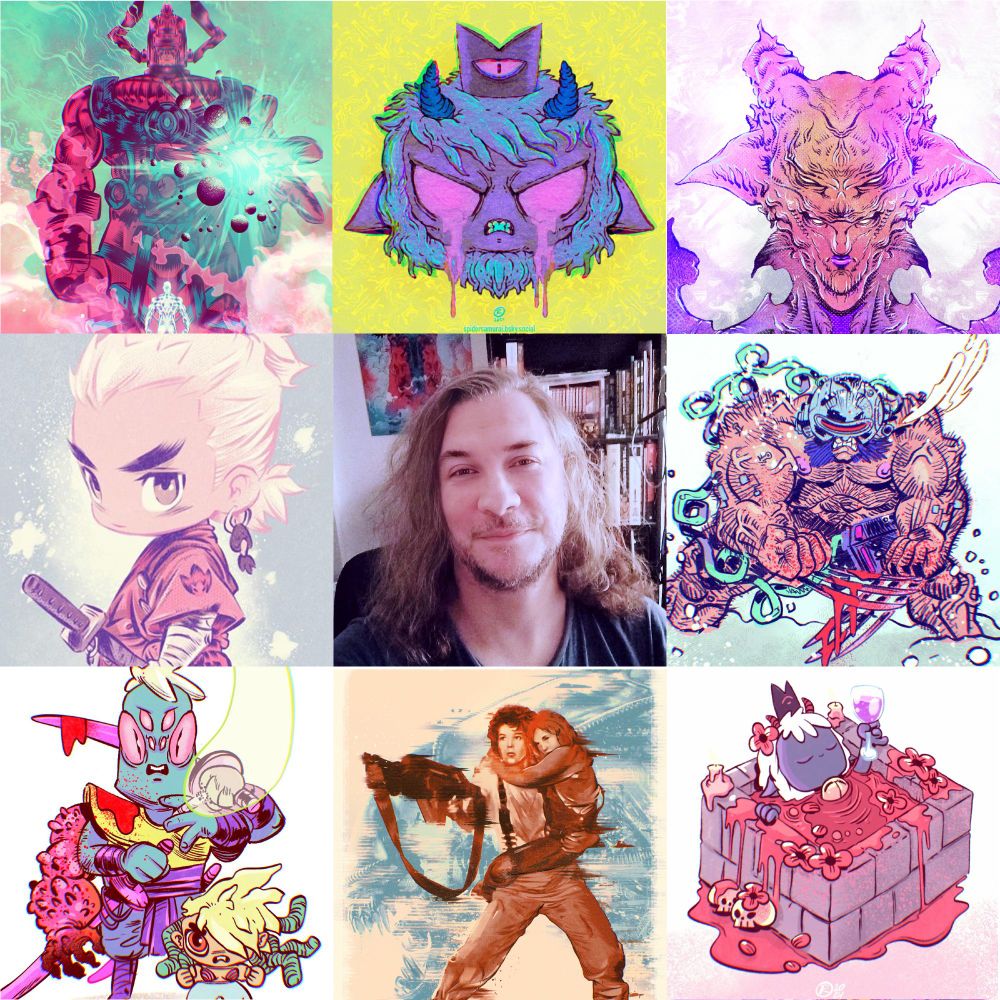 a square composition made of my illustrations with my portrait photo in the middle