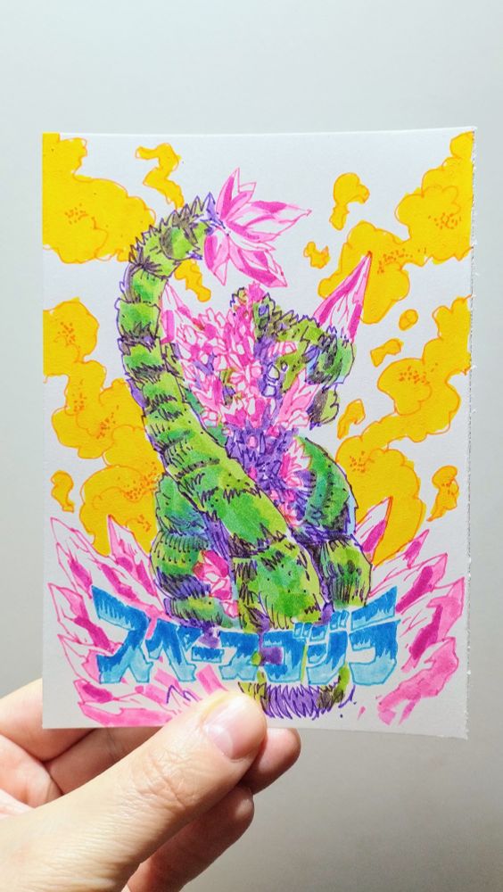 space godzilla スペースゴジラ drawing made with color markers on white bristol paper