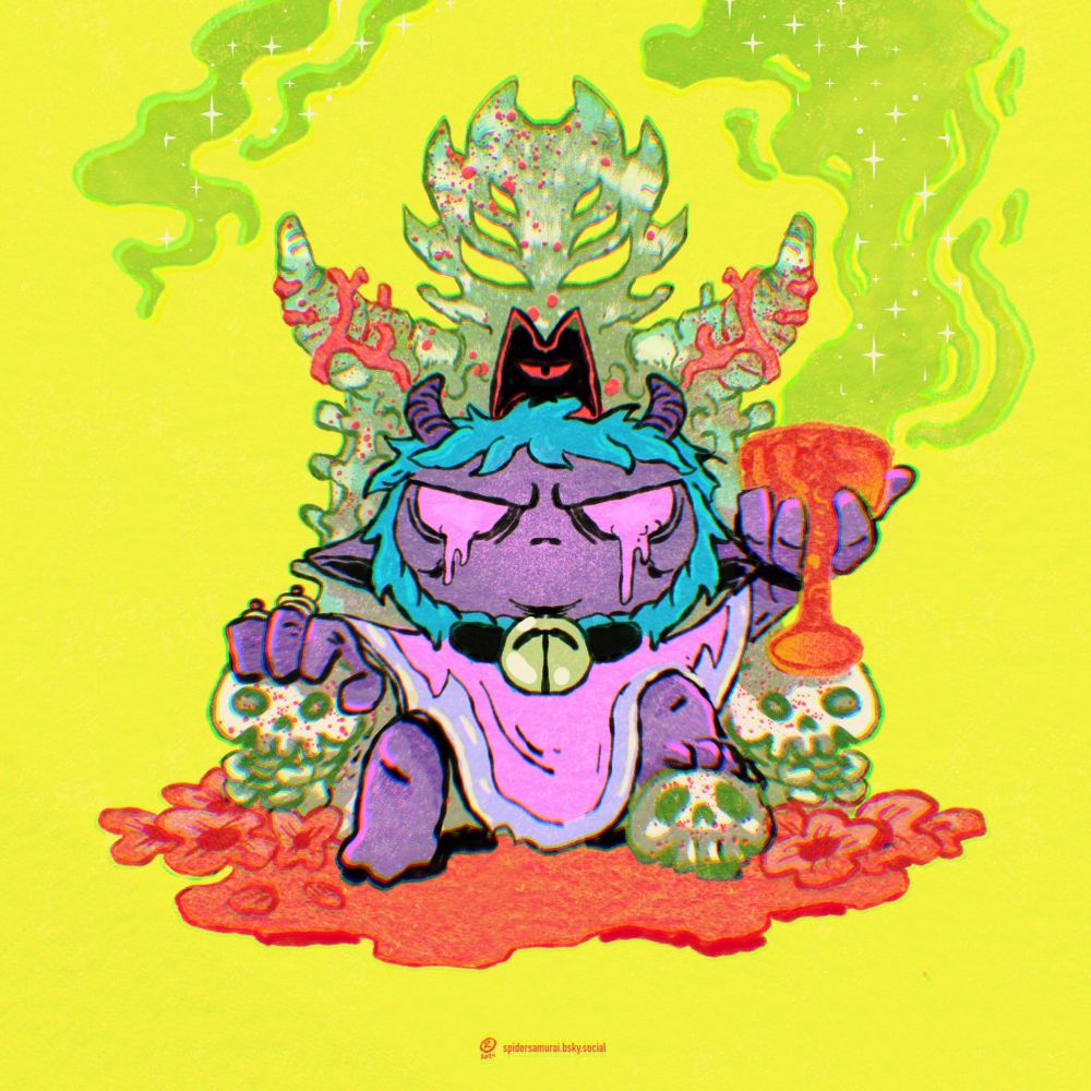 one of my Cult Of The Lamb cartoon style fanart illustrations depicting The Lamb character from Cult of The Lamb game by Massive Monster and Devolver Digital, lamb is sitting proudly on an ancient throne made from skulls and bones and rasing a toast from a ritual cup. I really enjoy
that game!