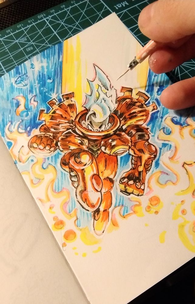 *my OC Atom Heart Mother (a.k.a Juno Barrett) enters the atmosphere in her body armour / illustration made with watercolors, ink and markers in a sketchbook