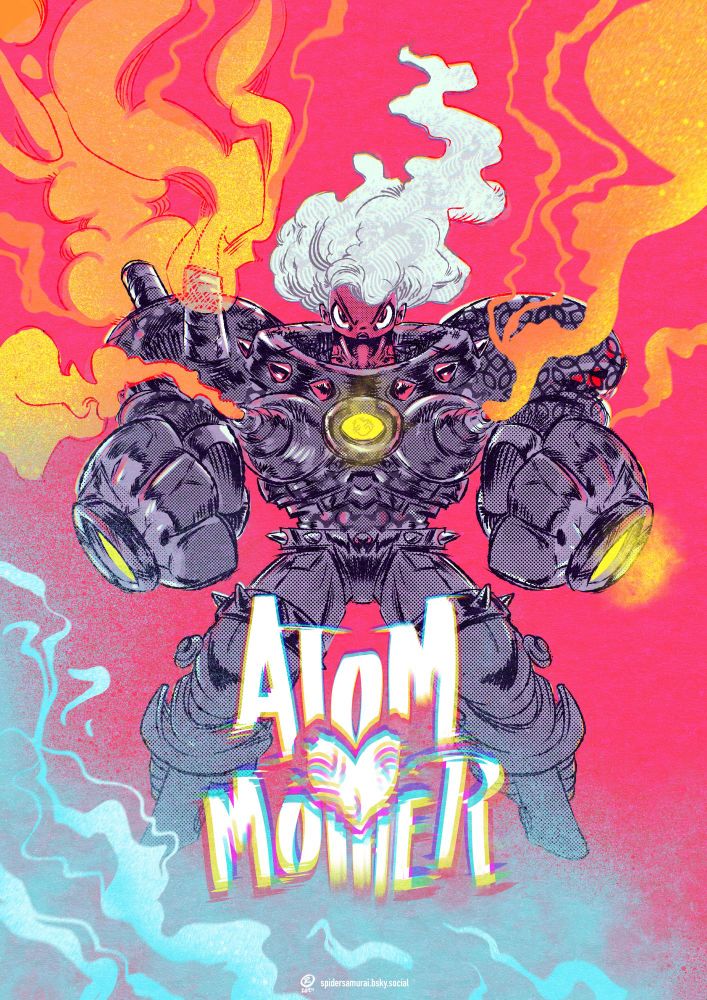 My new OC inspired by Pink Floyd, Super Metroid and all the moms in the world. A gray haired cartoon character in a suit of armor in a powering up type of pose