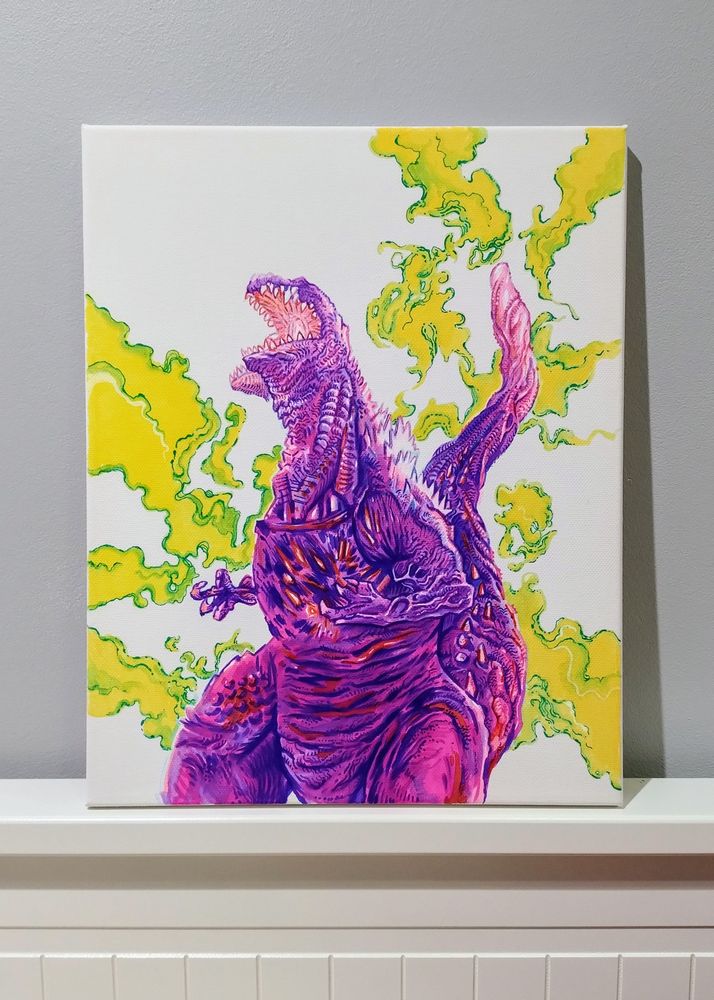 my shin godzilla canvas painting made with watercolor and acrylic markers, and a bit of white kuretake ink 
