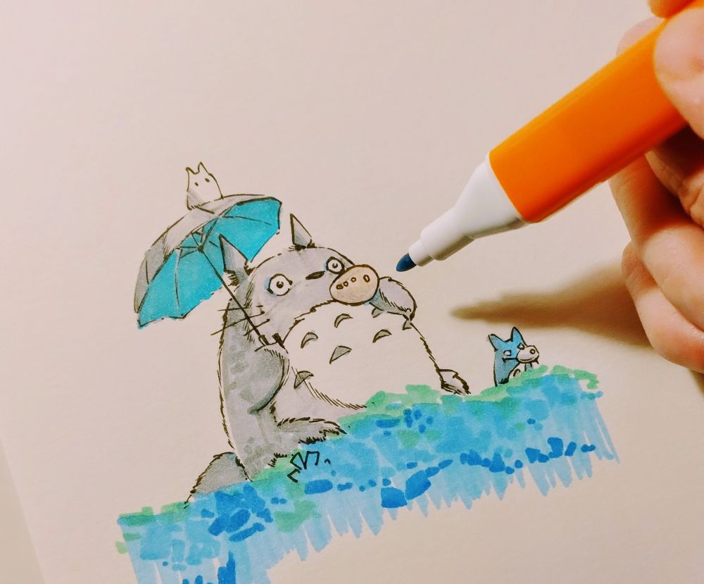 drawing of Totoro on paper. Ink and markers