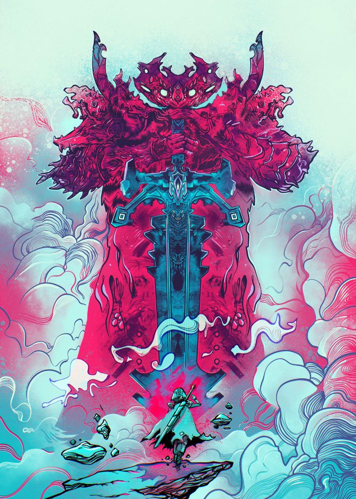 illustration of a tiny protagonist going against a gargantuan demon knight with and epic and enormous sword clouded with swirls of decorative clouds all around