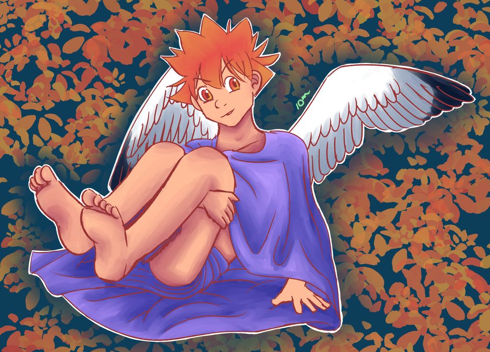 A male cupid with seagull wings, amber-colored eyes and spiky hair, and wearing only a purple chlamys. He is smirking and curled up with an arm pulling in his legs from his poplits. The background is decorated with orange petals.