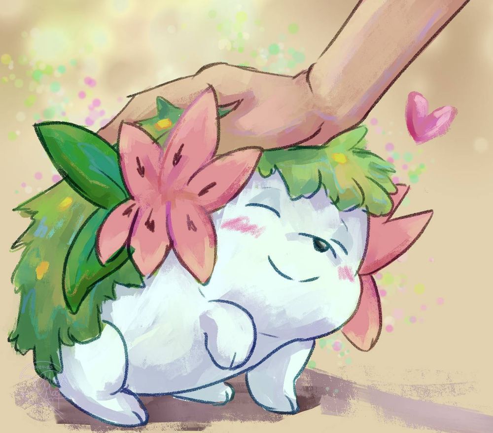 Shaymin (Land Forme), who looks like a white hedgehog with grass in place of quills and watermelon flowers. They are being pet endearingly by a human hand. (Drawn by MadsMadart on DeviantArt)