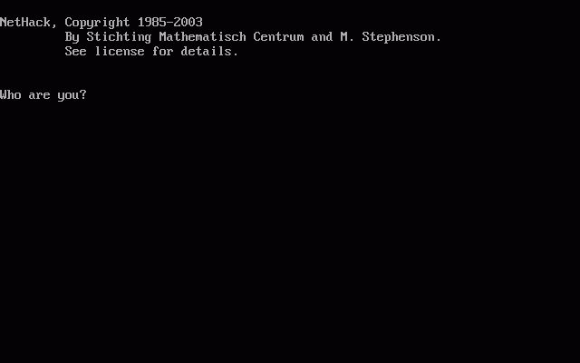 All-text Nethack opening screen, with copyright details and prompt "Who are you?"