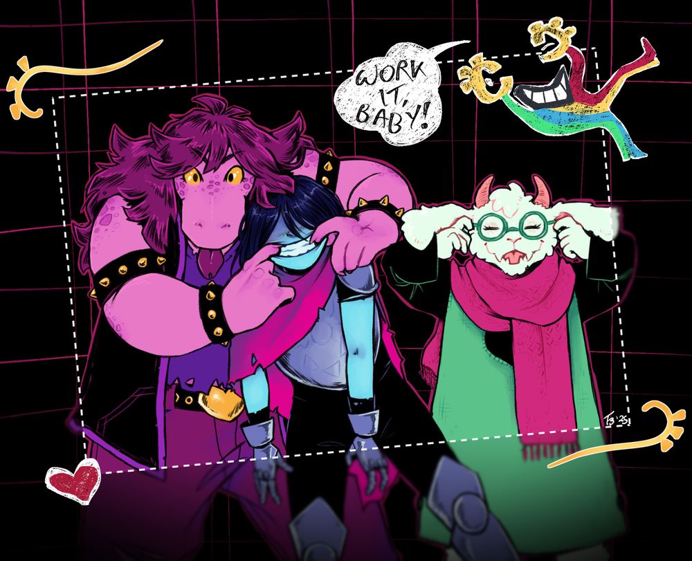 Deltarune fanart. Susie, Kris, and Ralsei pose for a photo. Susie is sticking her tongue out at the camera and using her hands to force Kris to smile while Ralsei lifts up his ears and grins. In the corner, Shuttah says, "Work it, baby!"