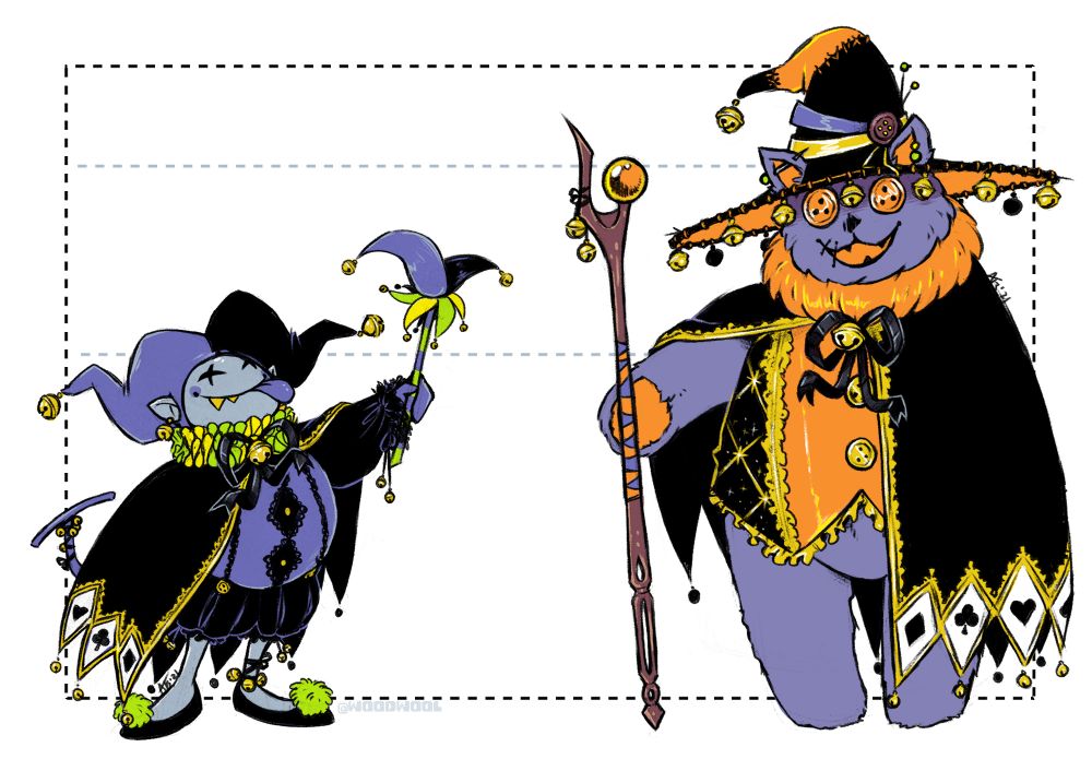 Past designs of Seam of Jevil. They are both wearing matching capes adorned with bells and all 4 card suites. Instead of the Devilsknife, Jevil carries a jester's staff. He has extra bells tied around his ankle and tail. Seam has two button eyes and they are wearing a wizard's hat with a brim lined with bells. Under their cape they have a ornate vest in black and orange. They are holding the Seam Ripper.