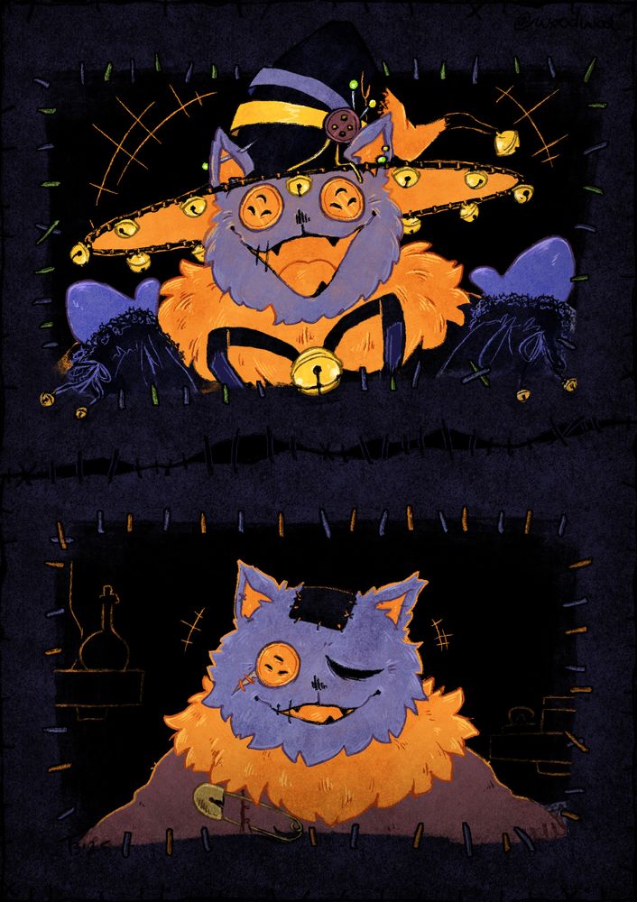 Deltarune fanart. Two images of Seam that appear stitched onto the page like patches. The top image is of Seam during their court magician days, with both button eyes and wearing a big wizard hat adorned with bells. Jevil's hands reach in from out of frame, and Seam is laughing heartily. The bottom image is Seam in their shop in the current day. They are laughing here as well, but their smile is far more subdued. In between the two patches is a stitched seam that is starting to tear.
