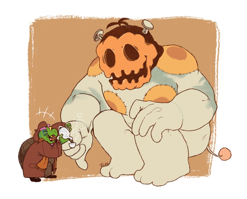 Deltarune fanart. Jackenstein is crouching down and holding out a teacup that looks tiny in his hand, as a smiling Gerson fills it for him.