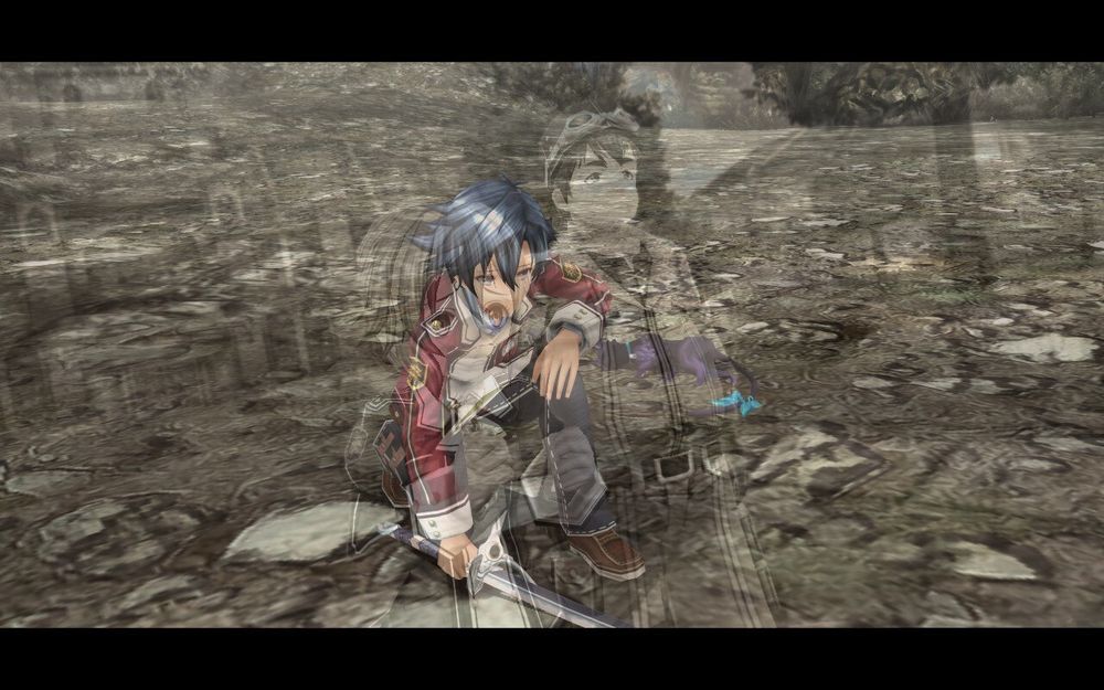Rean kneeling on the ground weakened by battle thinking of Towa. George is there too