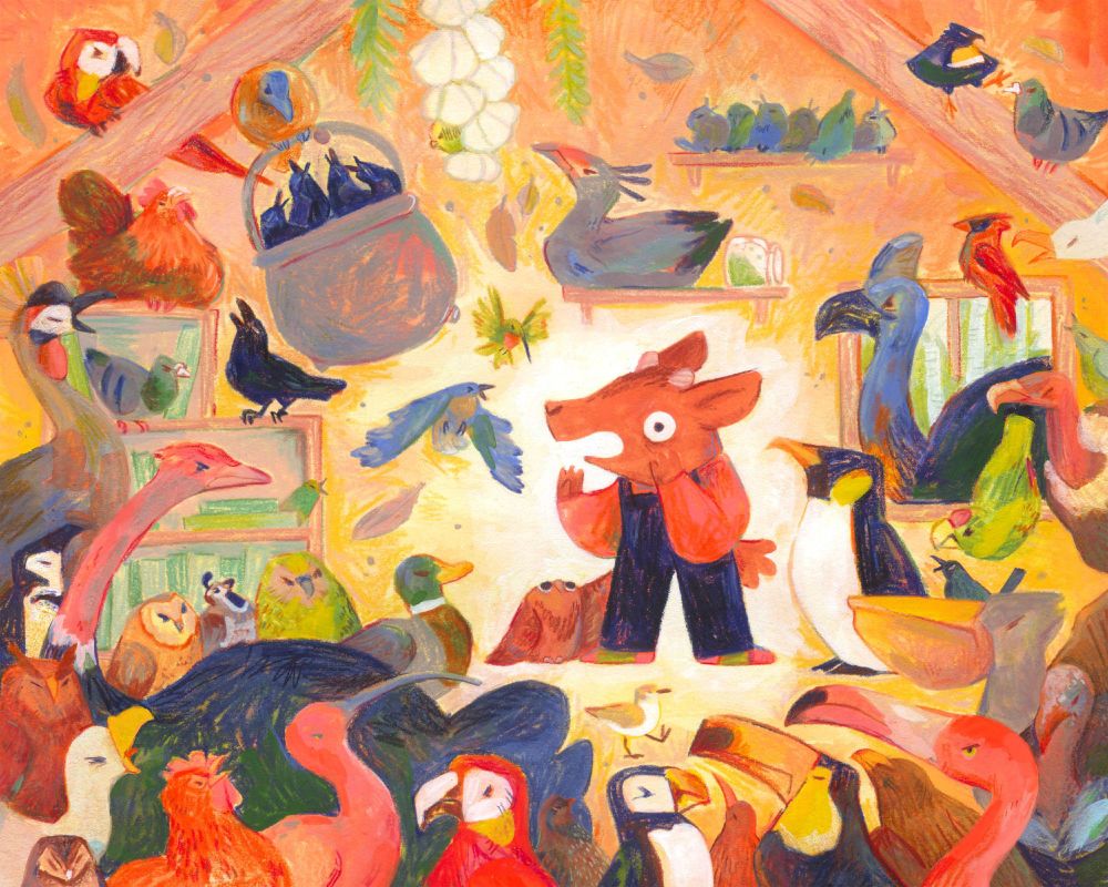 Painting of a goat witch in her home surrounded by a rainbow of cranky birds.