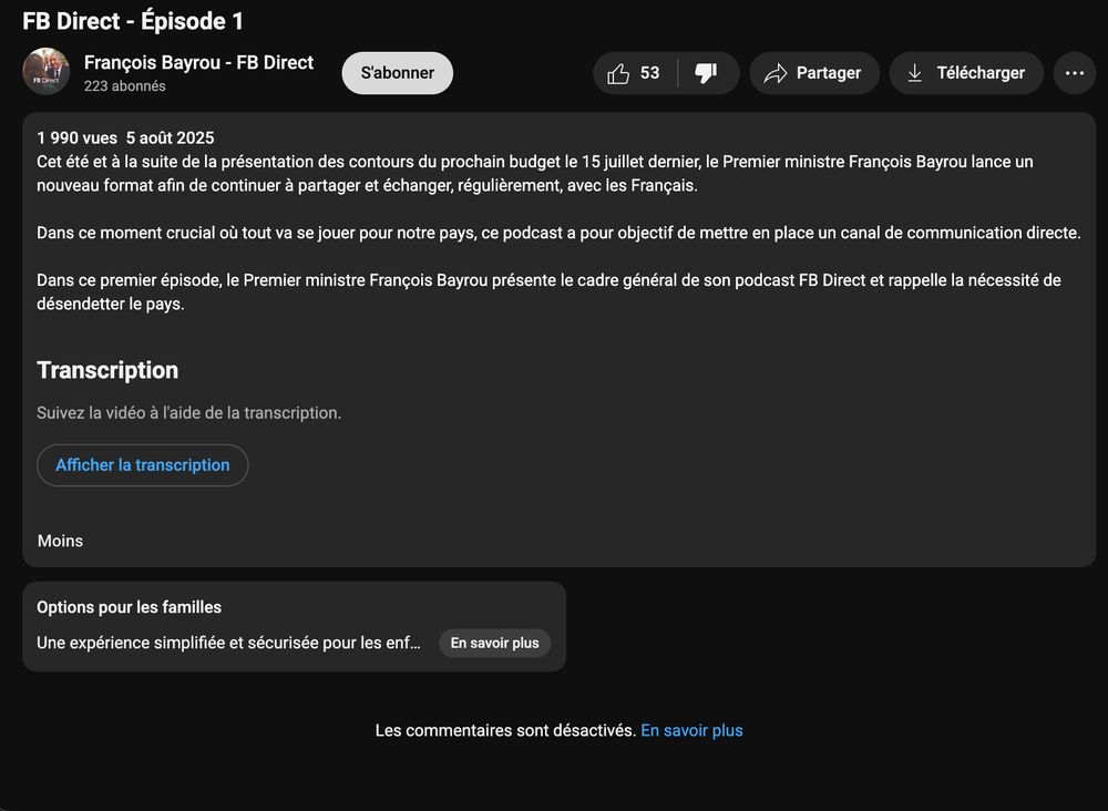 Une capture d'écran qui montre que les commentaires sous la vidéo du premier ministre sont désactivé.