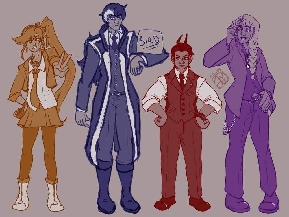 Some coloured sketches of Ace Attorney characters. Athena Cykes is in orange, with one hand on her hip and the other held out with a peace sign. Simon Blackquill stands next to her in navy blue, arm held up holding a beautifully drawn bird (No trust me, the bird is really well drawn and definitely isn't just a box that says 'Bird' in it, ha ha.). Next is Apollo Justice in red. He has his hands on his hips and is staring straight forwards. (Jay has drawn him with a slightly chubbier form along with making him a tiny bit shorter because Jay loves him as a short chubby king.) Finally is Klavier Gavin in purple. He is pushing back his fringe with one hand and leaning closer to Apollo with a smile. 