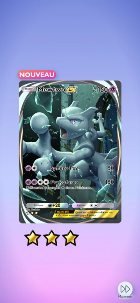 Screenshot of Pokémon Trading Card Pocket, it's a three stars card of Mewtwo EX