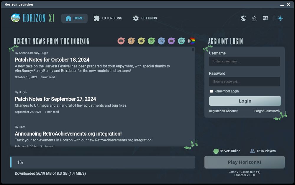 Launcher for a modified version of Final Fantasy XI Online to be played with HorizonXI private server, the download of the base game has just started