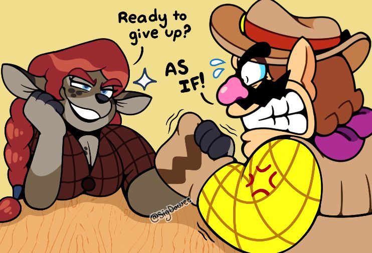 My deer OC Destiny arm wrestling Cowboy Wario and she's winning!